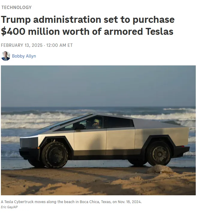 A news article screenshot shows a Tesla Cybertruck on a beach with waves in the background. The headline reads 'Trump…