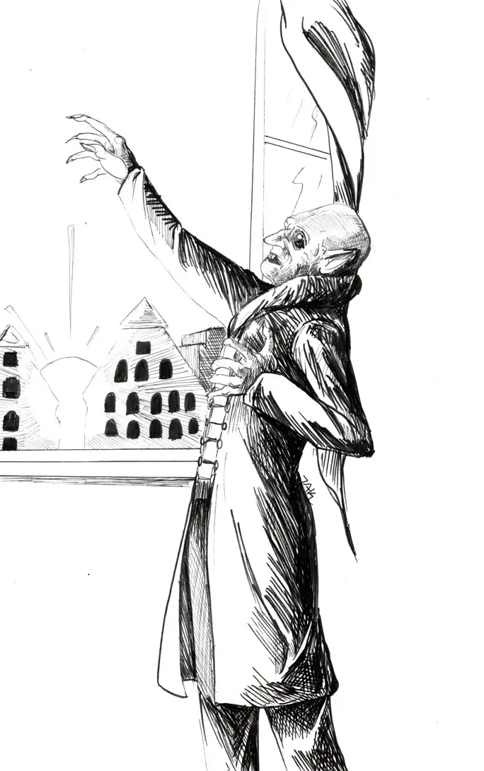 A black-and-white sketch depicts a gaunt, bald, pointed-eared man in a long coat, holding a large gun with a strap, and…