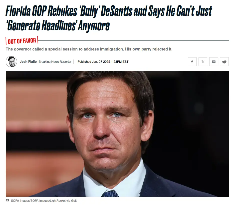 A screenshot of a news article with a photo of Ron DeSantis looking serious, overlaid with the headline 'Florida GOP Rebukes…