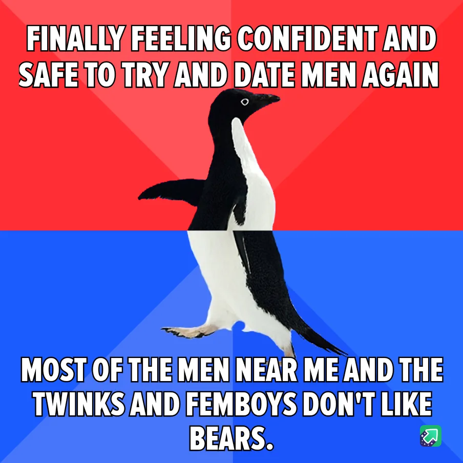 A penguin stands centered against a red and blue background, with bold white text overlaid in two sections. The top text…