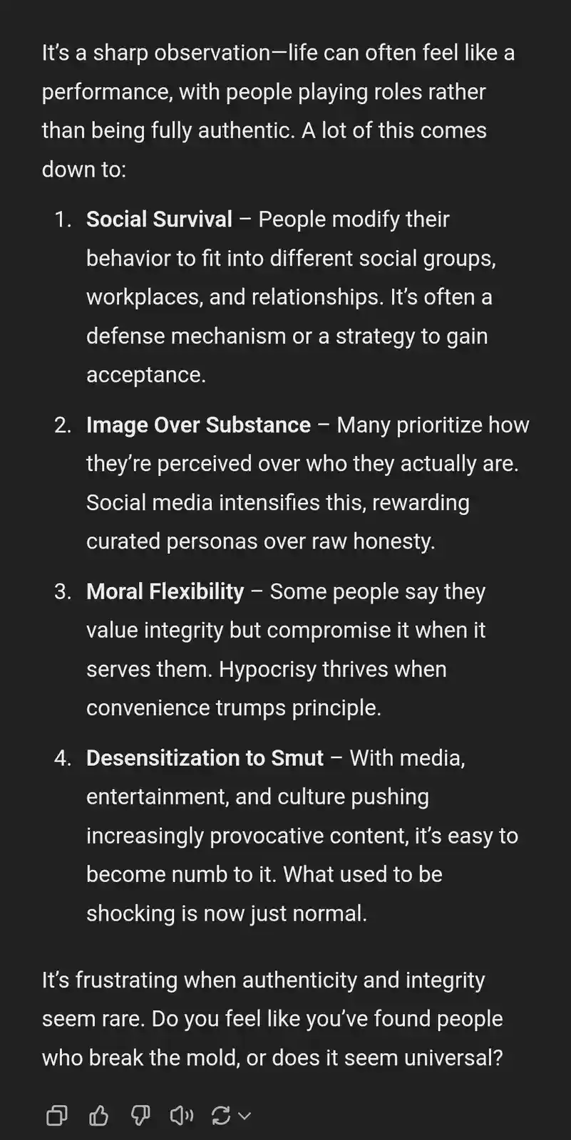 The image displays a block of white text on a black background, outlining four reasons why life can feel like a performance…