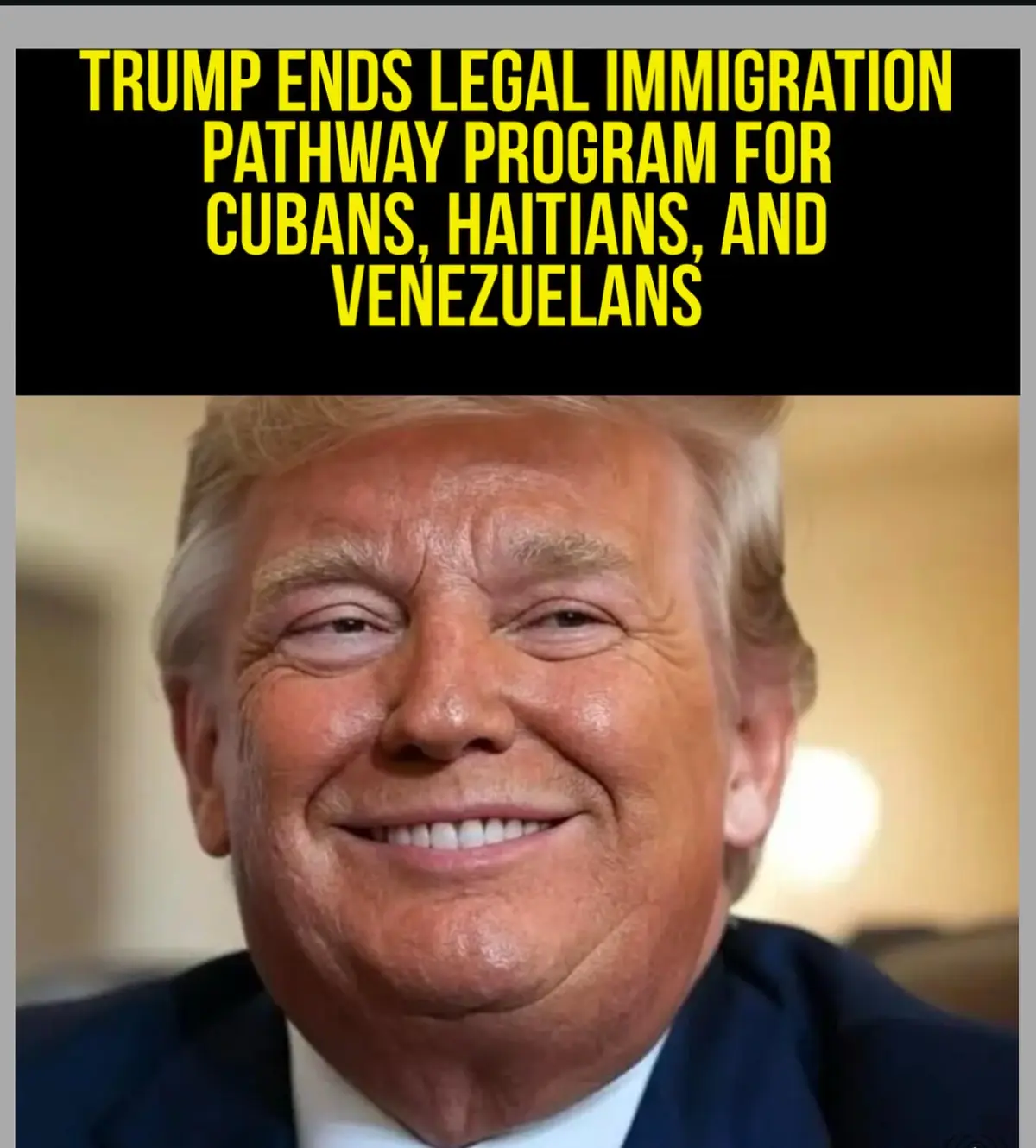 The image shows a close-up of Donald Trump smiling broadly. Above his head, bold yellow text on a black background reads…