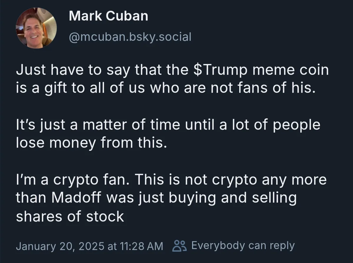 A screenshot of a social media post by Mark Cuban, who is shown in a circular profile picture smiling. The post, dated…