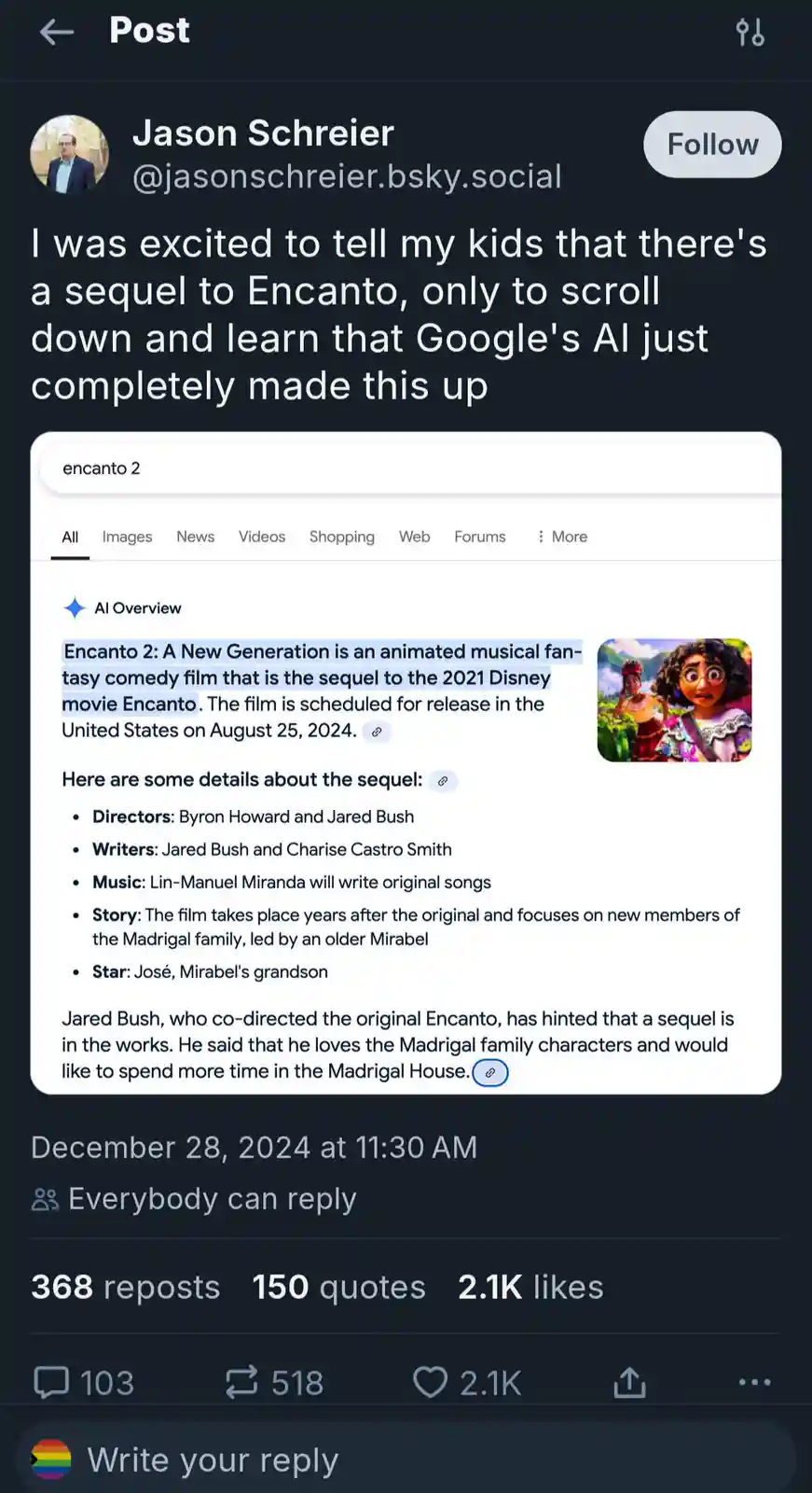 A screenshot of a social media post by Jason Schreier showing a Google search result for 'encanto 2'. The AI Overview…