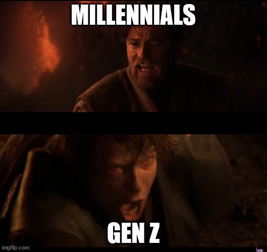 The image is a two-panel meme. The top panel shows a man with a distressed, yelling expression, labeled 'MILLENNIALS'. The…