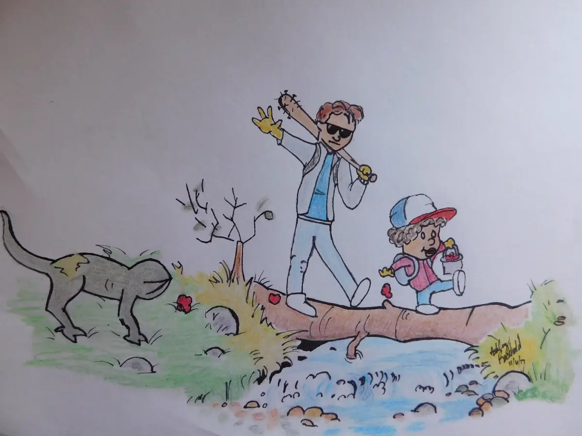 A hand-drawn cartoon depicts a man in sunglasses and a blue shirt carrying a baseball bat over his shoulder, walking on a…