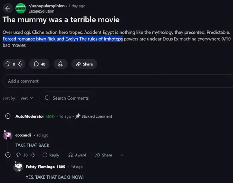 A screenshot of a Reddit comment thread in r/unpopularopinion where a user criticizes 'The Mummy' movie, highlighting its…