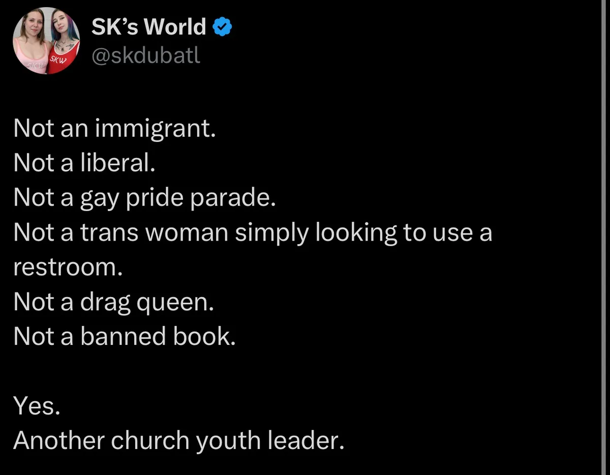 A screenshot of a tweet from 'SK's World' (@skdubatl) with a black background and white text listing several controversial…