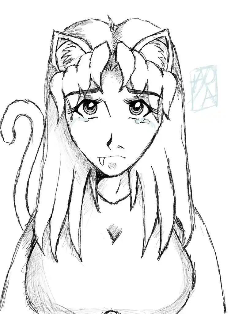 A black-and-white sketch of an anime-style girl with cat ears, a tail, and fangs, visibly crying with tears under her eyes…