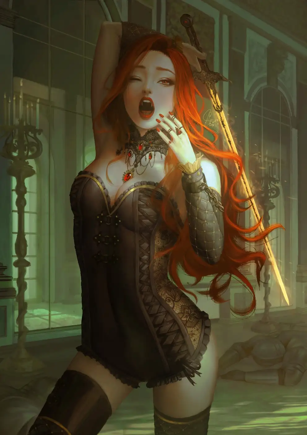 A fantasy illustration shows a woman with long red hair, wearing a corset and armor, yawning widely with one hand to her…