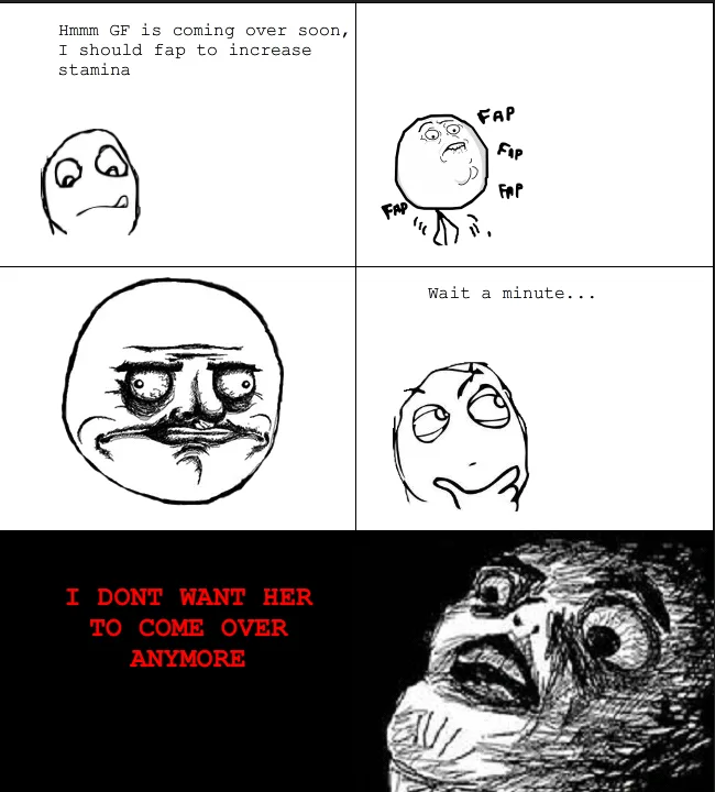 A four-panel comic strip featuring a simple stick figure character who initially plans to masturbate to boost stamina before…