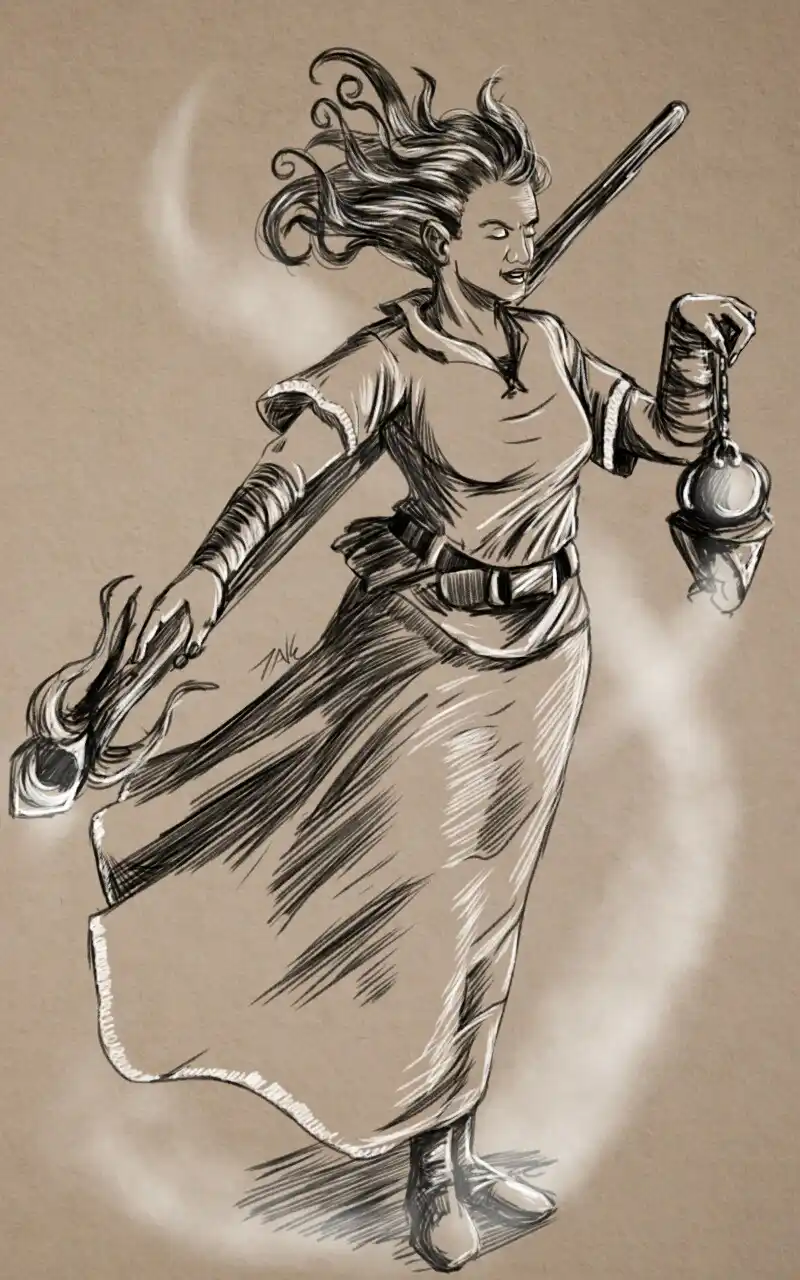 A dynamic black-and-white sketch depicts a woman with wild hair, wearing a flowing dress and arm bracers, wielding a flaming…