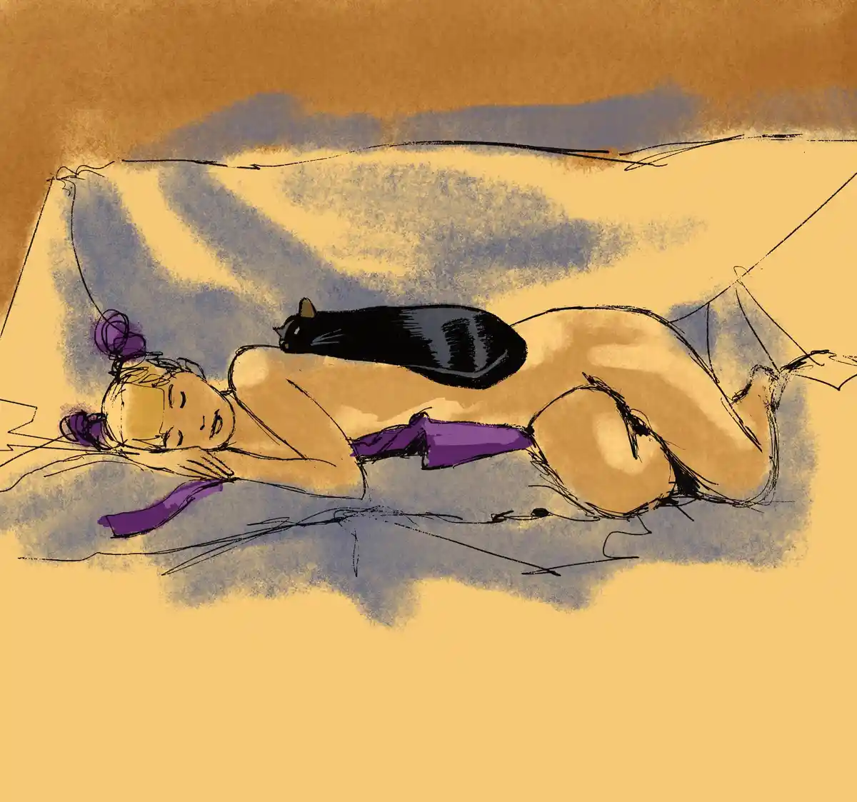 A stylized illustration shows a person sleeping on their side on a couch, with a black cat resting on their back. The person…