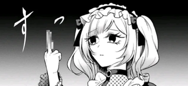 A black-and-white manga-style illustration of a young girl with pigtails and a maid outfit, holding up a pixelated object…