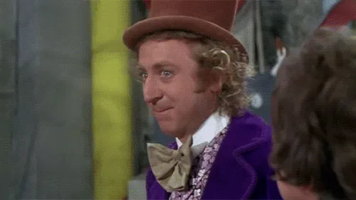 a six-panel image sequence showing the character Willy Wonka from the 1971 film 'Willy Wonka & the Chocolate Factory' in a…
