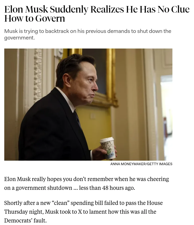 A photo of Elon Musk in a dark suit holding a coffee cup, looking pensive and slightly embarrassed, overlaid with the…