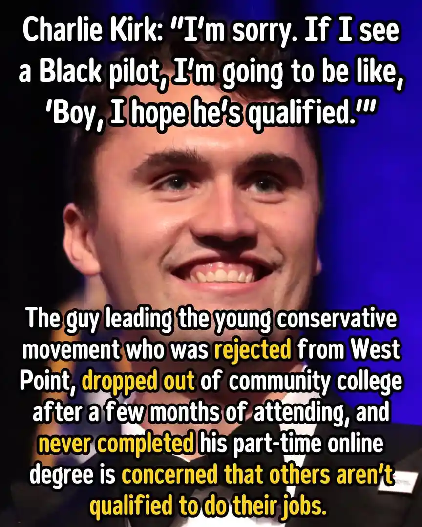 A close-up photo of Charlie Kirk smiling, overlaid with text quoting him saying he hopes a Black pilot is qualified…
