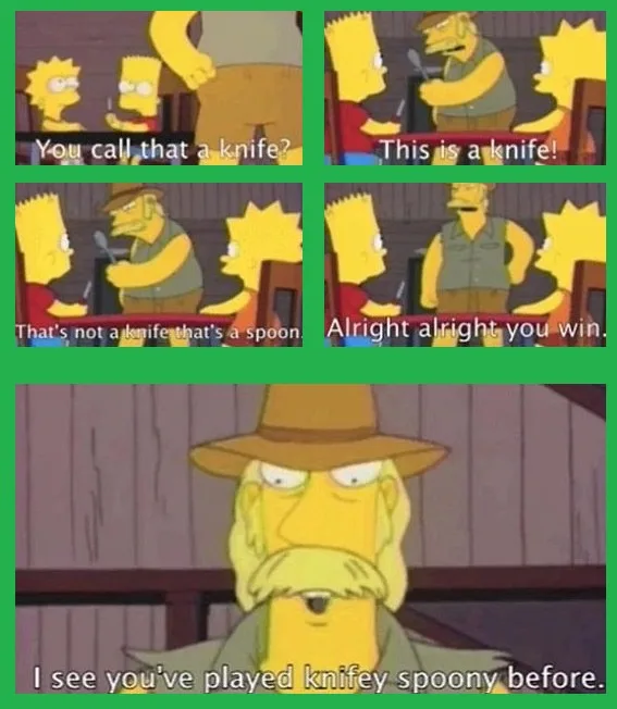 A four-panel comic strip from The Simpsons shows Bart and Lisa arguing with a stern-looking man over whether a utensil is a…