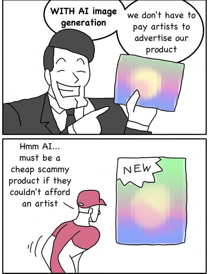 A two-panel comic shows a businessman gleefully holding a blurry, rainbow-colored AI-generated image, claiming it eliminates…