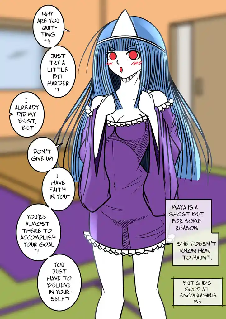 A blue-haired anime ghost girl with red eyes and a white pointed hat stands in a purple outfit, surrounded by speech bubbles…