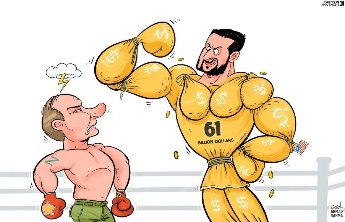 A cartoon depicts a muscular man made of money bags labeled '61 BILLION DOLLARS' punching another man in a boxing ring. The…
