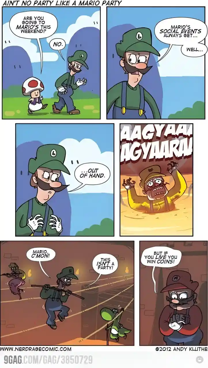 A comic strip featuring Luigi and Toad discussing Mario's parties, which Luigi describes as 'out of hand' after showing a…