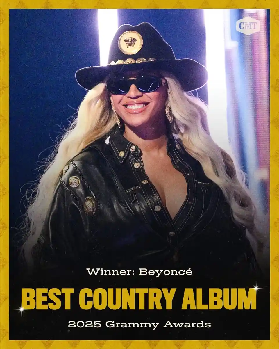 A digitally altered image shows Beyoncé smiling, wearing a black cowboy hat with a gold emblem, dark sunglasses, and a black…