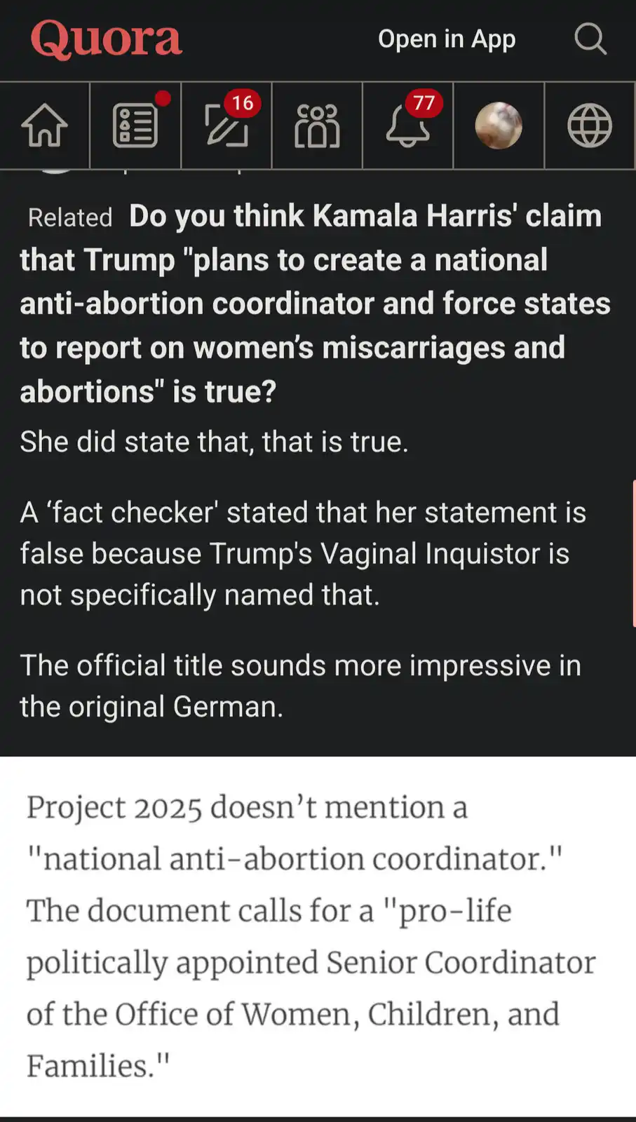 A screenshot of a Quora page discussing Kamala Harris's claim about Trump's alleged 'national anti-abortion coordinator.'…