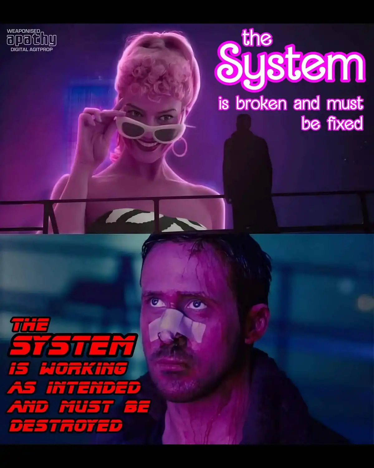 The image is split into two panels. The top panel shows a smiling woman with pink hair and sunglasses, with text reading…