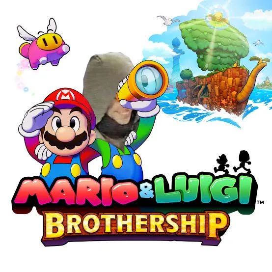 The image is a composite of the 'Mario & Luigi: Brothership' video game cover art, featuring Mario in his classic red hat…