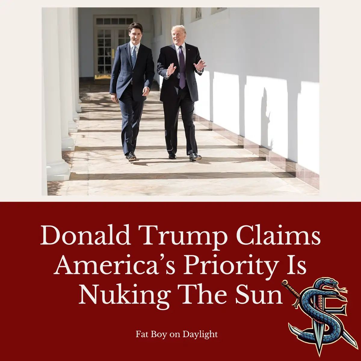 Two men in suits walk down a sunlit colonnade, one gesturing animatedly. Overlaid text reads 'Donald Trump Claims America's…