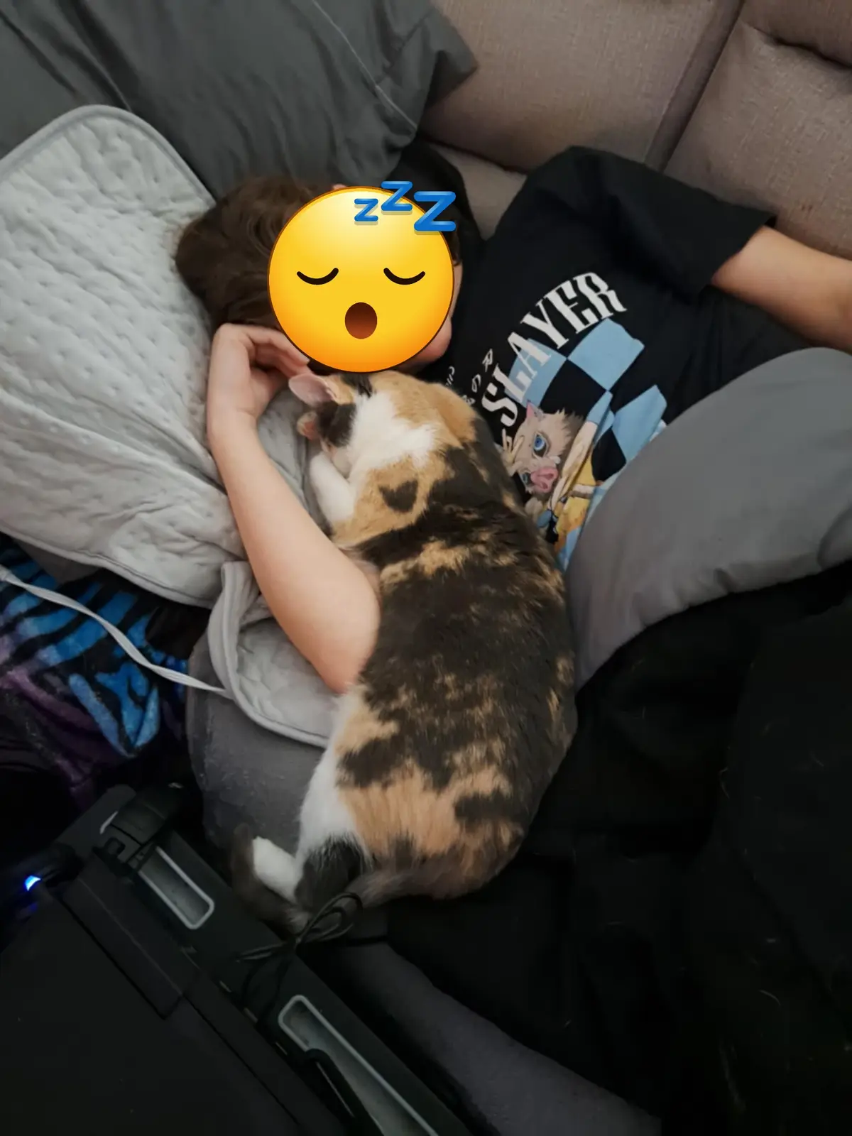 A person is sleeping on a couch, their face obscured by a yellow sleeping emoji with 'zzz' above it. A calico cat is curled…