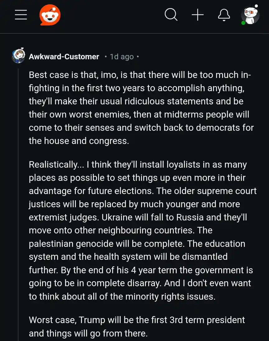 A screenshot of a Reddit post by user 'Awkward-Customer' from one day ago, displaying a long, pessimistic text predicting…
