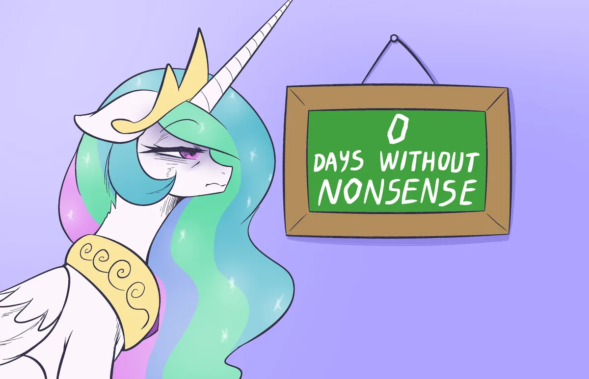 A cartoon unicorn with a rainbow mane, wearing a golden crown and ornate collar, looks angrily at a green chalkboard sign…