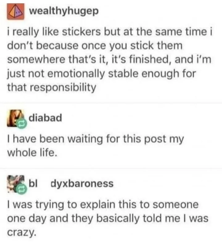 A screenshot of a Reddit thread shows a user named 'wealthyhugep' posting a confession about loving stickers but being…