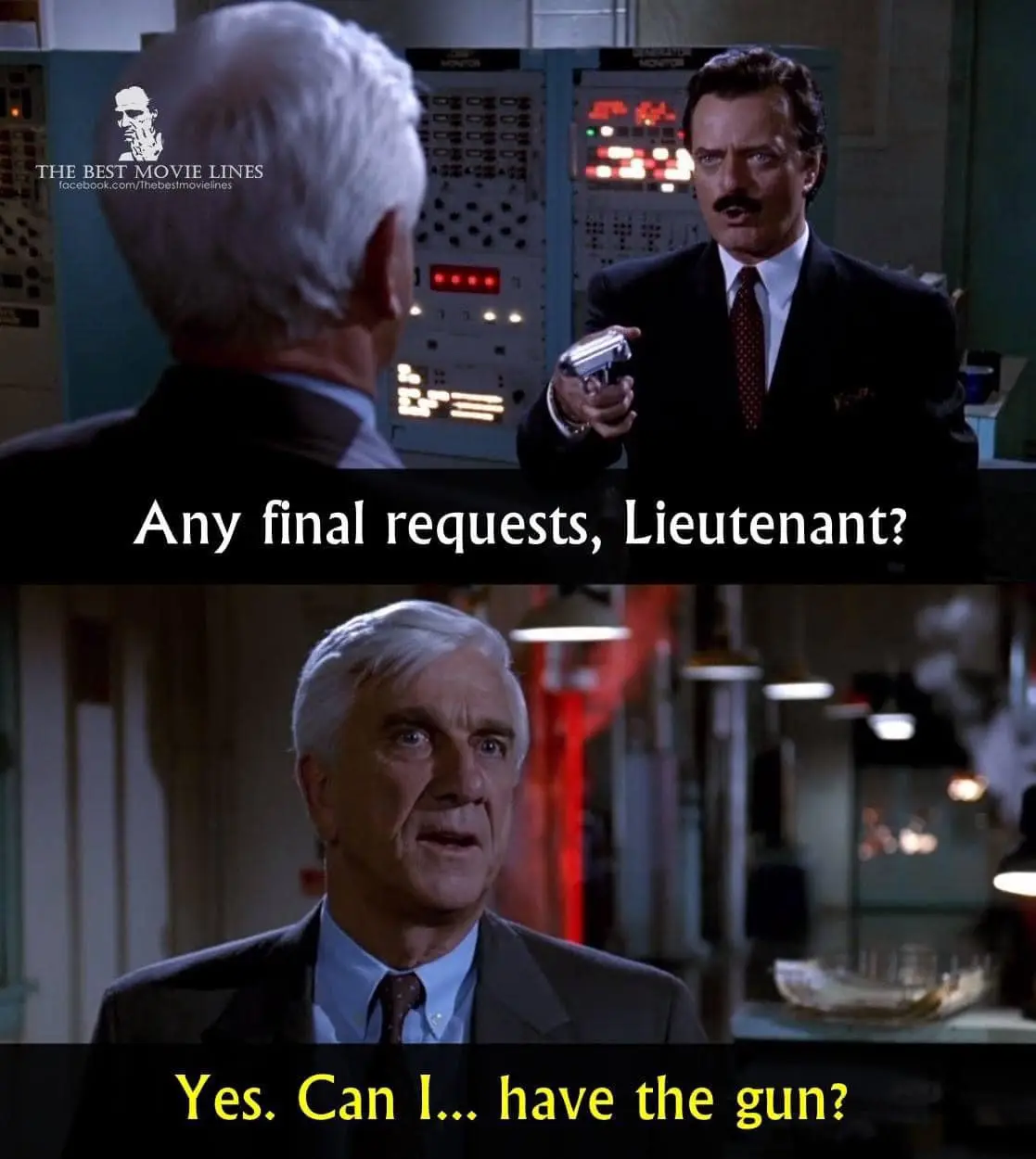 The top panel shows a man in a suit holding a gun and asking the other man, 'Any final requests, Lieutenant?' The bottom…