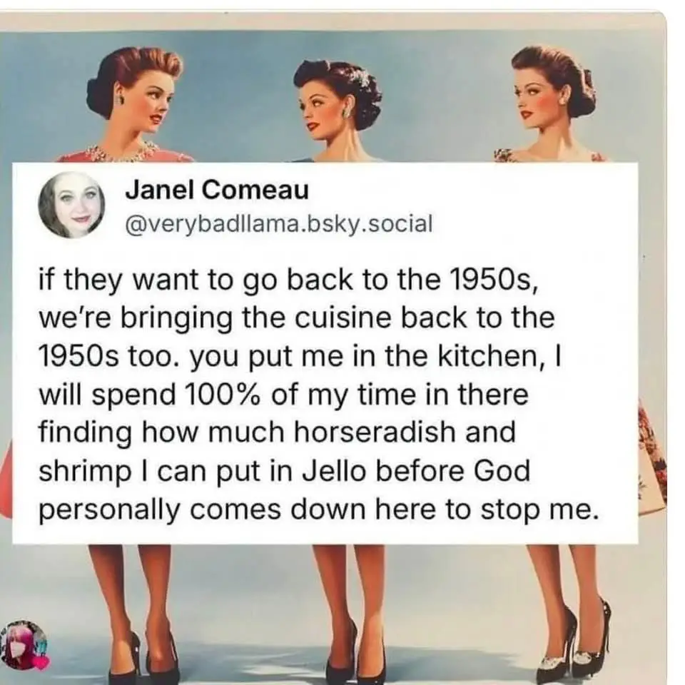 The image features a vintage 1950s-style illustration of three identical women in glamorous dresses and heels, standing…