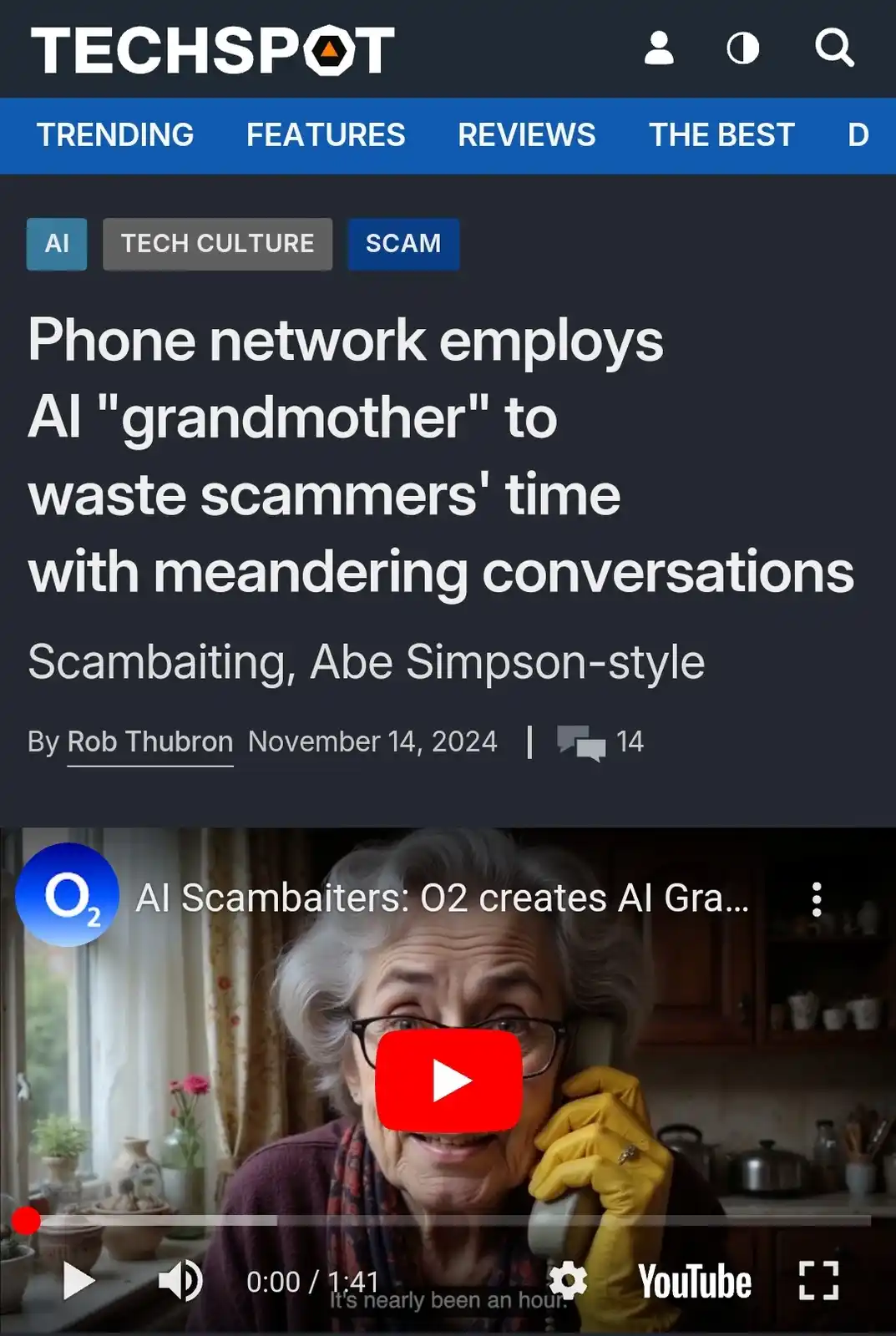 A screenshot of a TechSpot article about an AI 'grandmother' used to waste scammers' time. The image shows a video thumbnail…