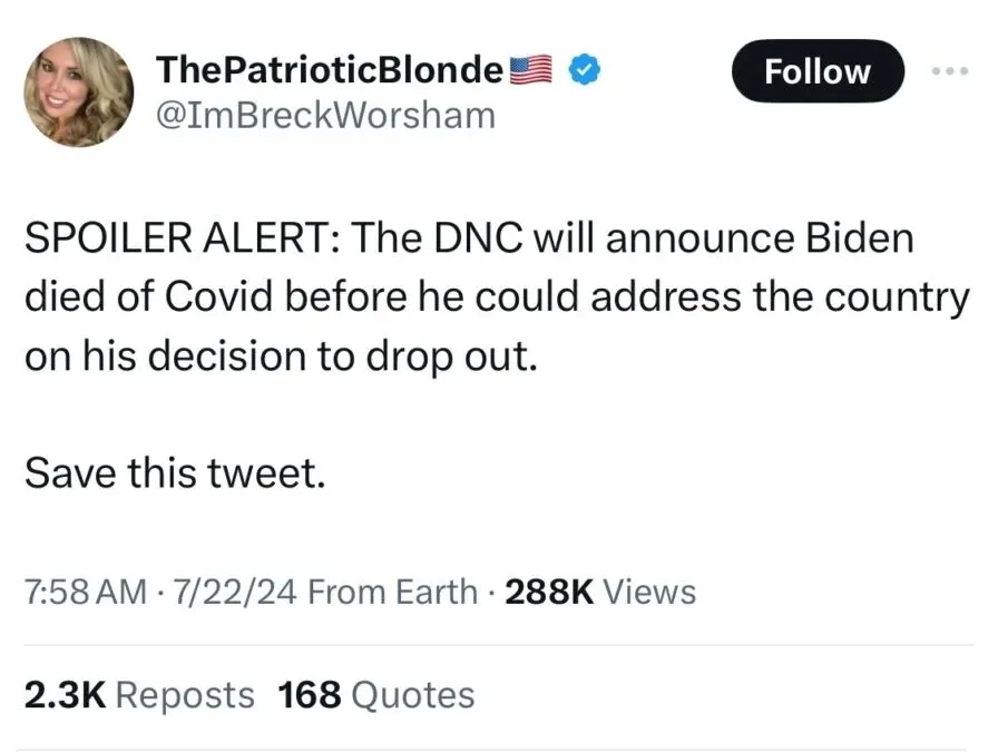 A screenshot of a tweet from the verified account @ImBreckWorsham, displaying a satirical 'spoiler alert' claiming the DNC…