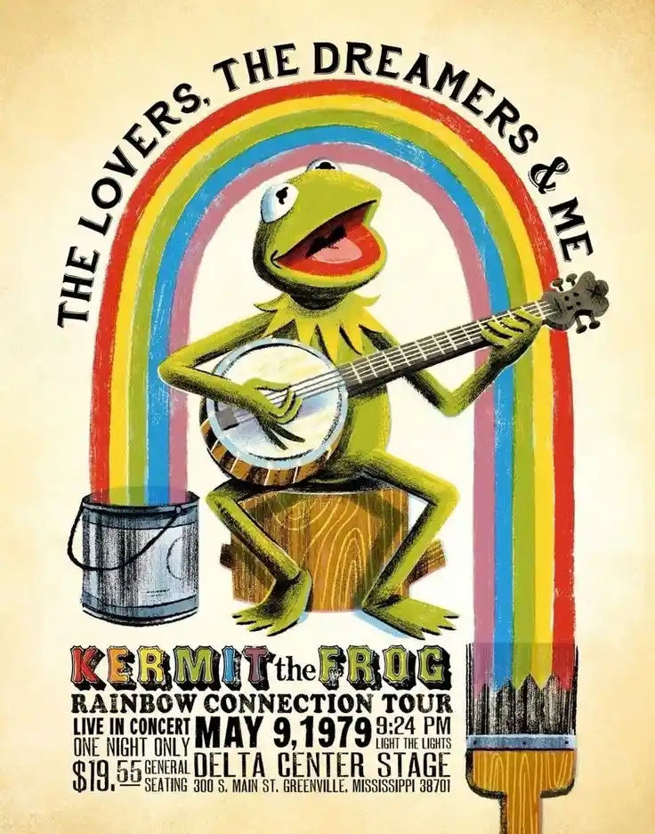 A vintage-style concert poster features Kermit the Frog playing a banjo while sitting on a wooden stump under a rainbow…