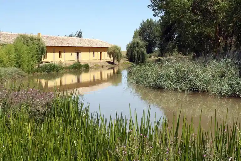 A serene landscape featuring a yellow building with a tiled roof beside a calm, reflective canal surrounded by lush green…