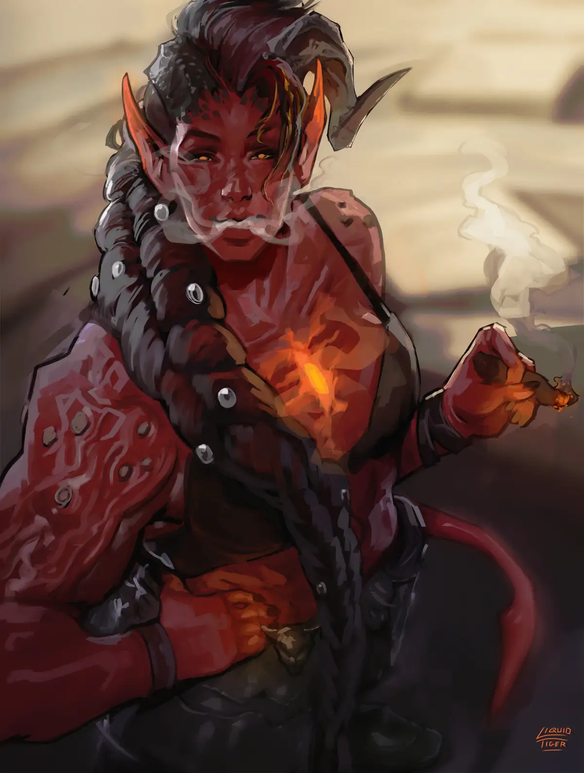 A red-skinned, horned demon with a fiery heart and a smoking cigar looks smugly at the viewer. The overlaid text reads 'i'm…
