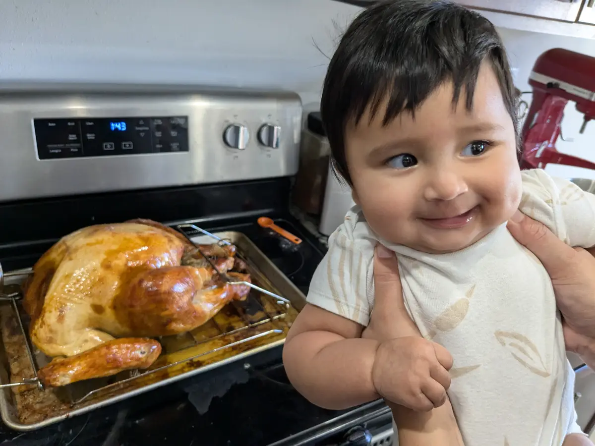 A baby with dark hair and a smug, knowing smile is held up in front of a kitchen stove where a golden-brown roasted turkey…