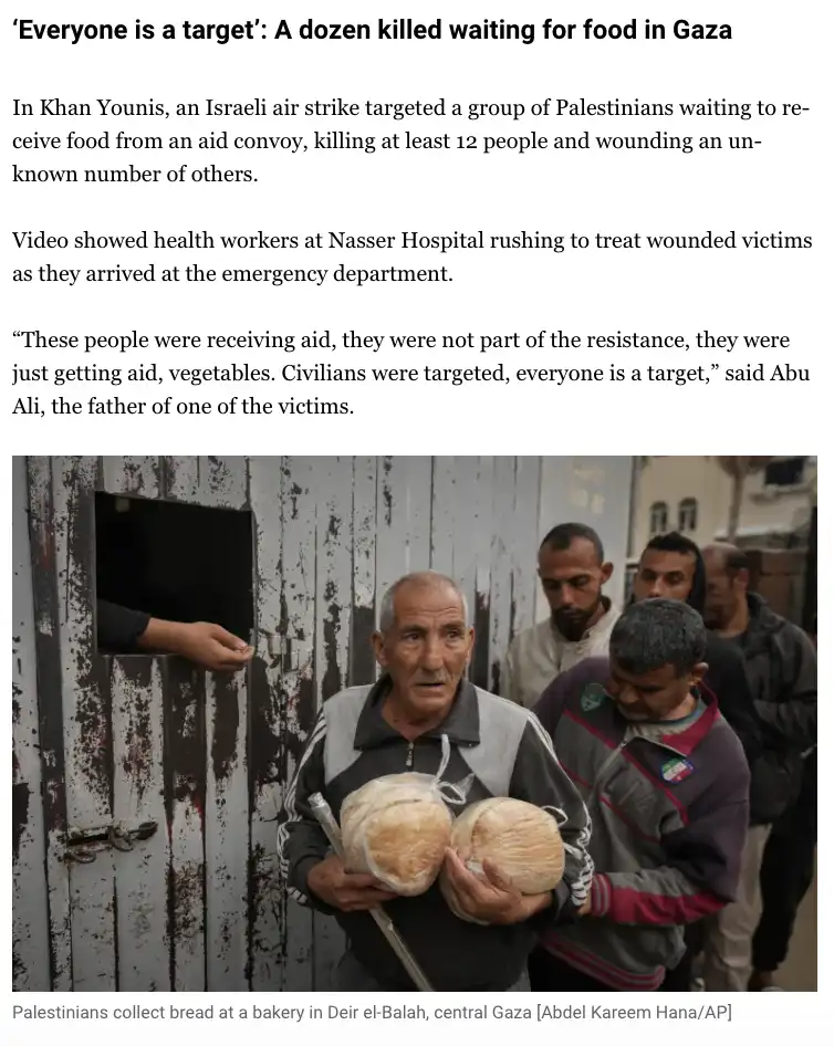 A photograph shows a group of Palestinian men standing in line outside a bakery in Gaza, with one elderly man in the…
