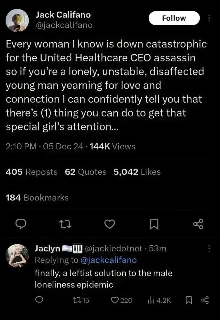 A screenshot of a Twitter post by Jack Califano suggesting that lonely men can attract women by assassinating the United…