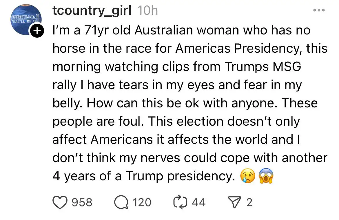 A screenshot of a social media post by user 'tcountry_girl' expressing distress over Donald Trump's rally, stating she's a…