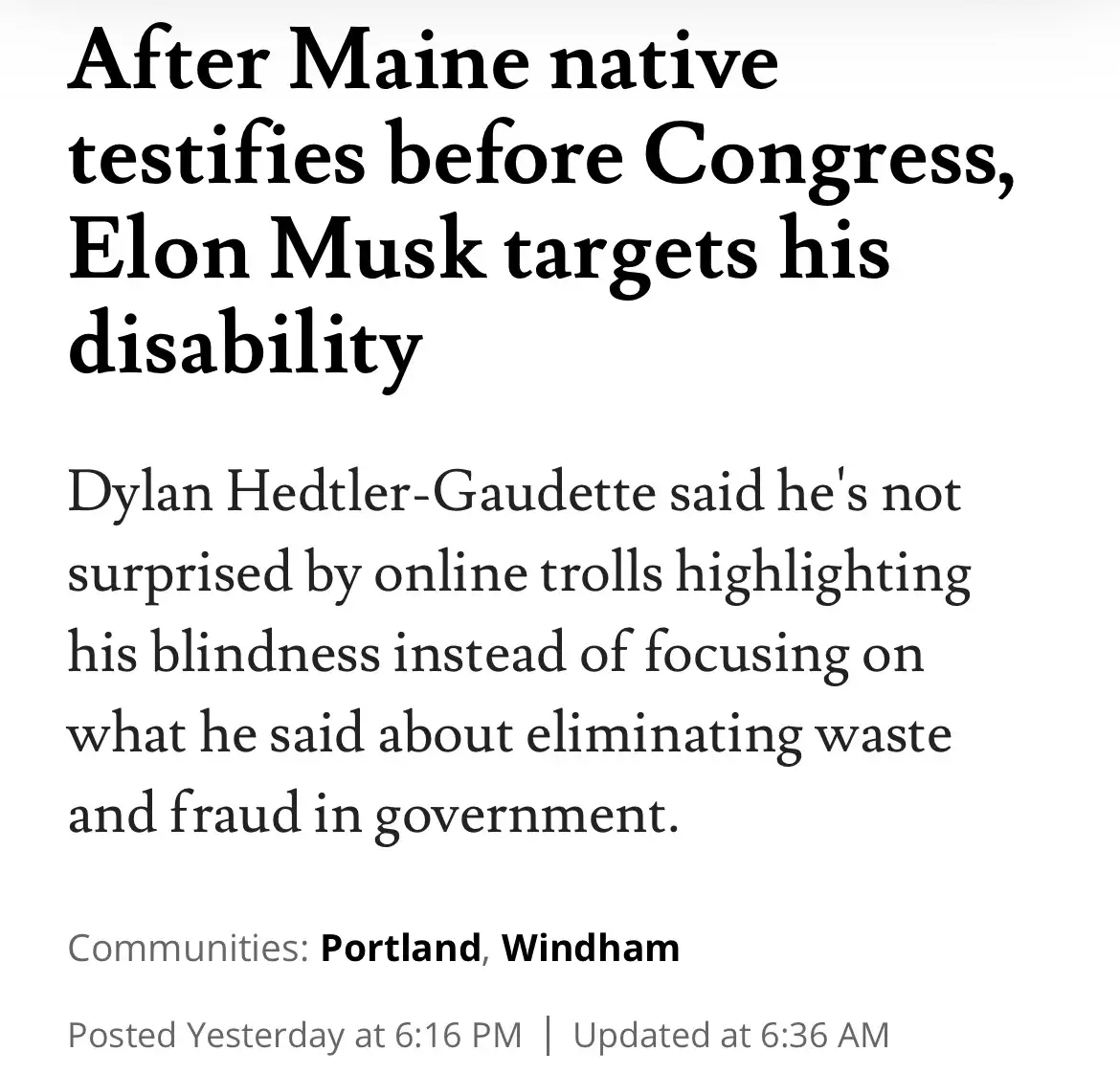 The image displays a news article snippet with a headline reading 'After Maine native testifies before Congress, Elon Musk…