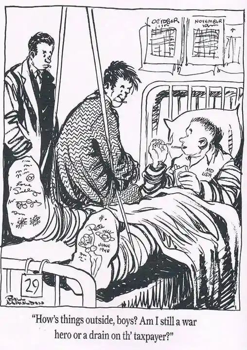 A black-and-white cartoon depicts a wounded soldier in a hospital bed with bandaged legs, one leg showing a tattoo dated…