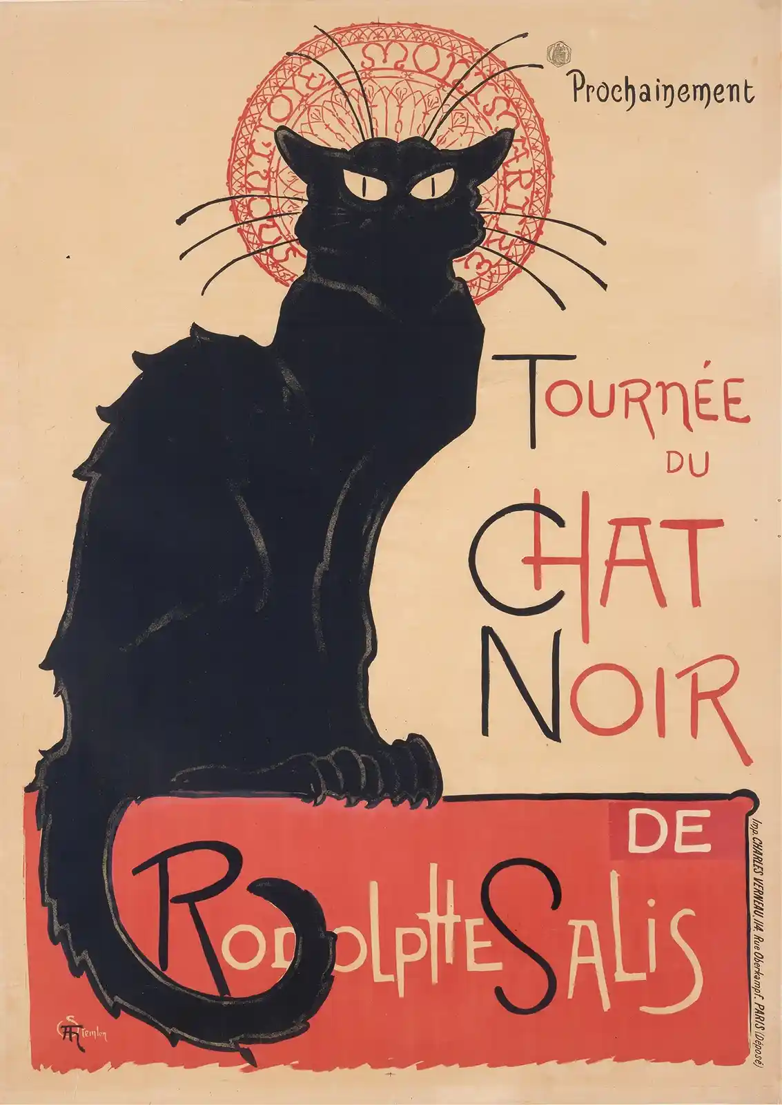 A vintage Art Nouveau poster features a large, stylized black cat with glowing eyes and long whiskers, sitting atop a red…