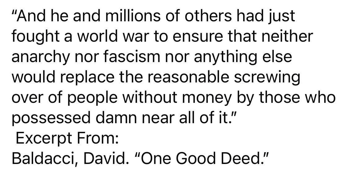 The image displays a plain white background with black text. The text is a quote from David Baldacci's novel 'One Good…